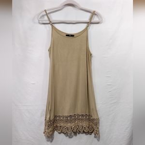 Top Stitch Sleep Dress Women's L Tan Jersey Knit Soft Comfy Lace Crochet Travel